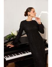 kol detayı tüylü dantel elbise siyah