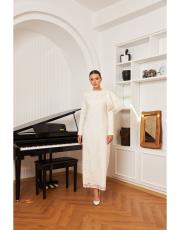 dantel omuzu volanlı elbise ekru