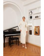 dantel omuzu volanlı elbise ekru 4