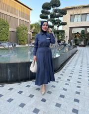 cep detayı taşlı piliseli elbise lacivert 3