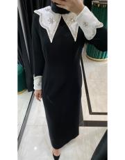 yakası taşlı elbise siyah 2