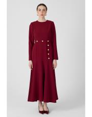 gold düğmeli volanlı elbise bordo