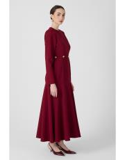 gold düğmeli volanlı elbise bordo 3