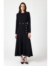 gold düğmeli volanlı elbise siyah