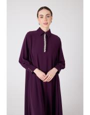 yakası taşlı elbise koyu mor