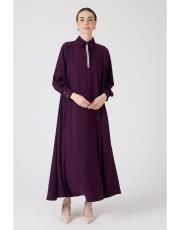 yakası taşlı elbise koyu mor 2