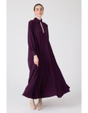 yakası taşlı elbise koyu mor 4