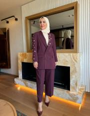 kolu taşlı ceket takım bordo