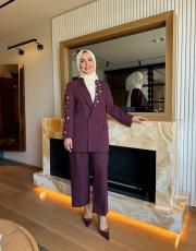 kolu taşlı ceket takım bordo 2