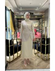 taşlı ceket görünümlü abiye krem