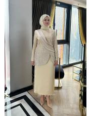 taşlı ceket görünümlü abiye krem 2