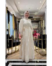 organze çiçekli elbise bej