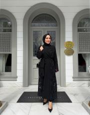 tam boy dantel trenç siyah