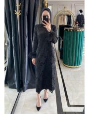 kol detayı tüylü elbise siyah