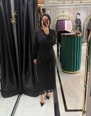 otrişli dantel elbise siyah